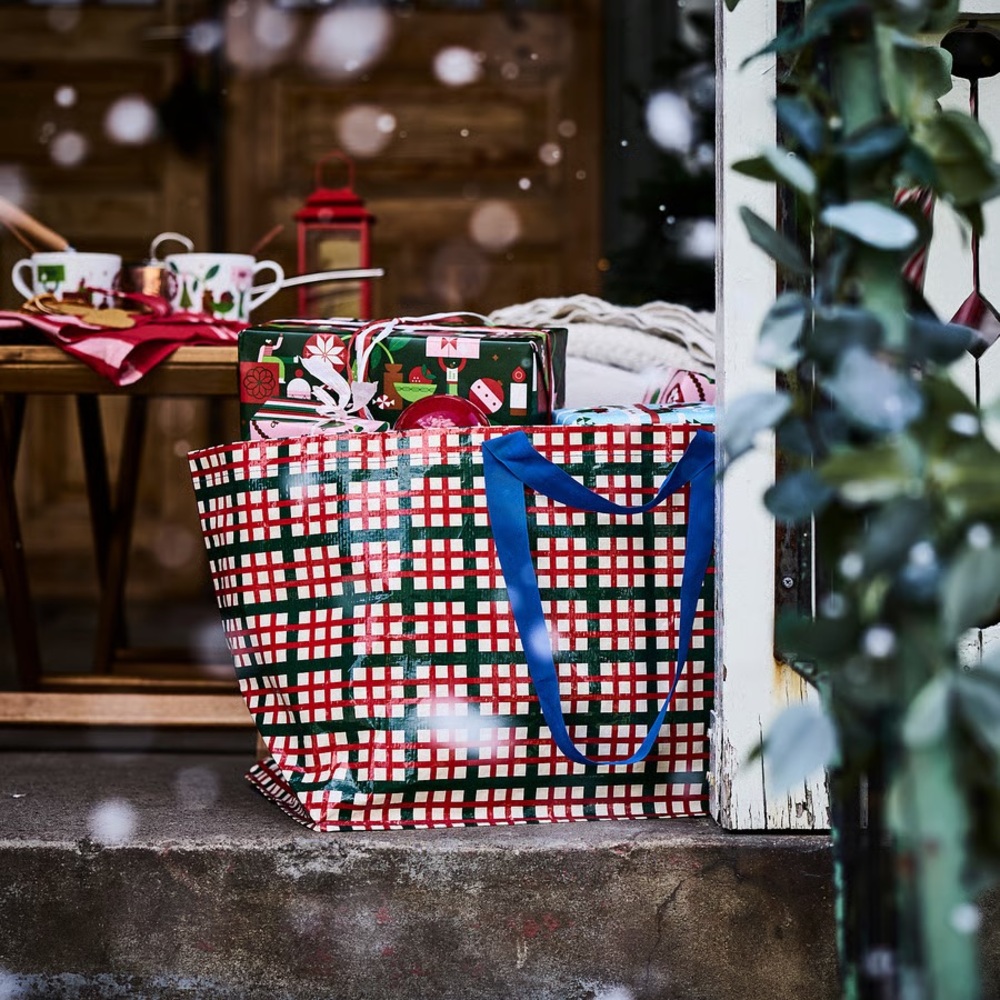 Colorful Plaid Tote Bag with Blue Handles - Picture 3 of 3